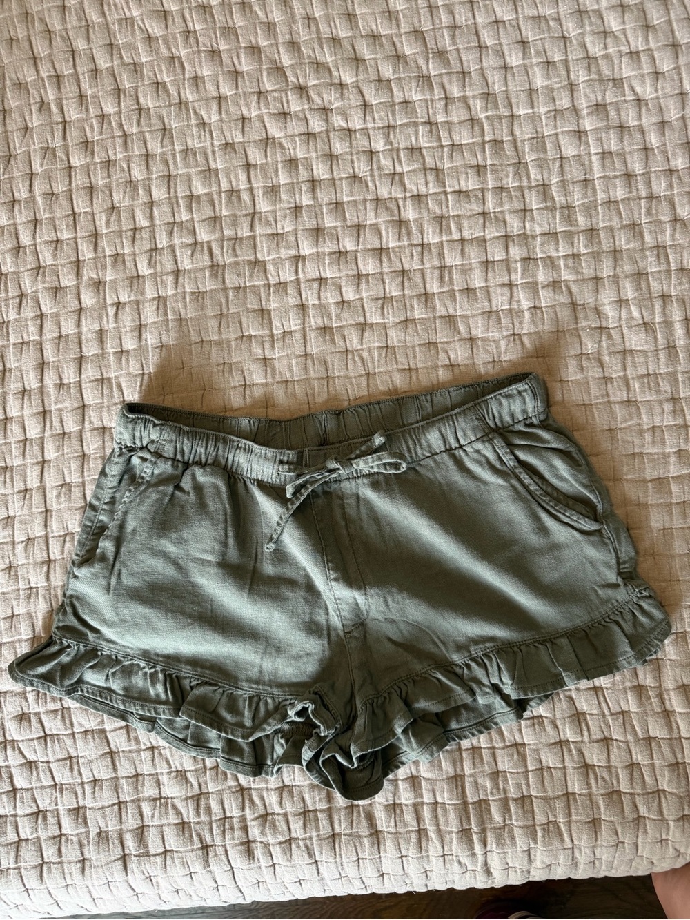 American Eagle Outfitters Olive High-Waist Ruffle Drawstring Shorts